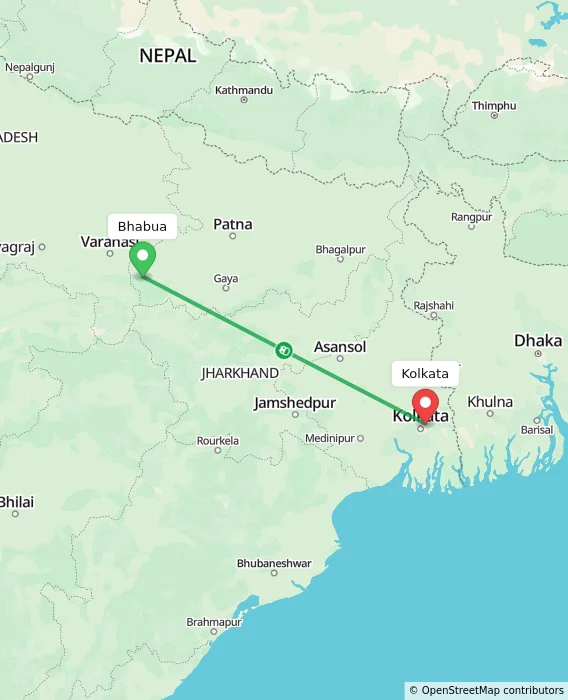 Route map showing distance and travel time from Bhabua, India to Kolkata, India