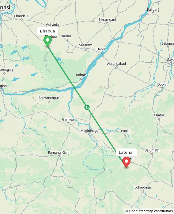 Route map showing distance and travel time from Bhabua, India to Latehar, India