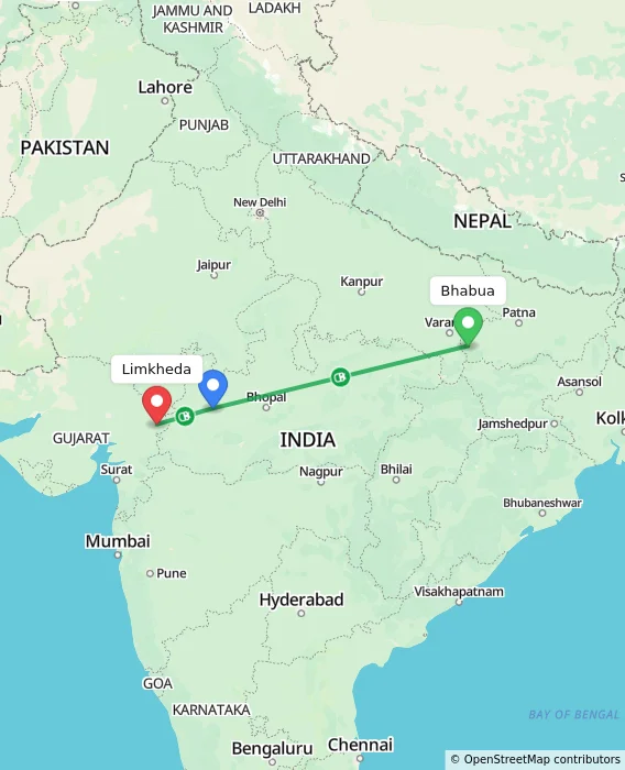 Route map showing distance and travel time from Bhabua, India to Limkheda, India
