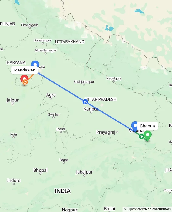 Route map showing distance and travel time from Bhabua, India to Mandawar, India