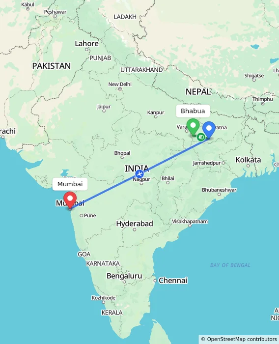 Route map showing distance and travel time from Bhabua, India to Mumbai, India
