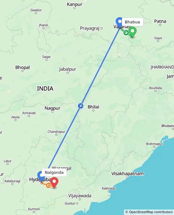 Route map showing distance and travel time from Bhabua, India to Nalgonda, India