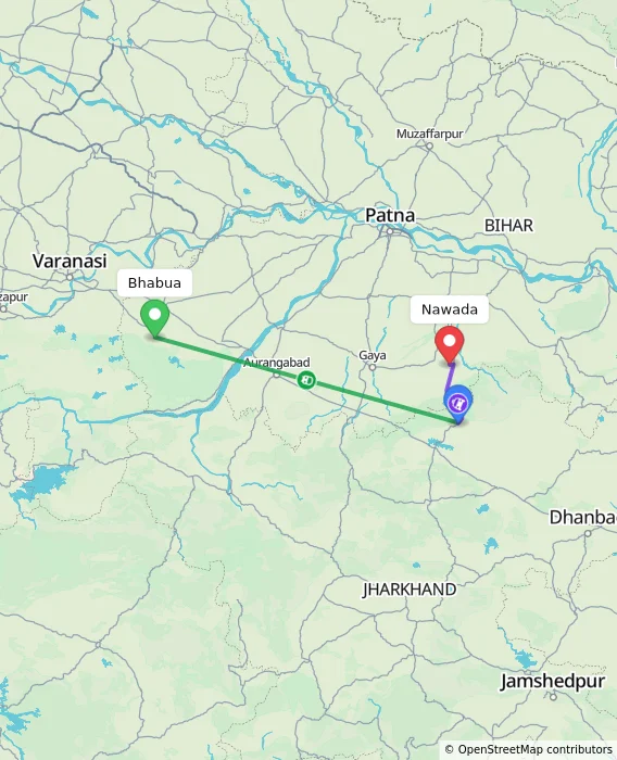 Route map showing distance and travel time from Bhabua, India to Nawada, India