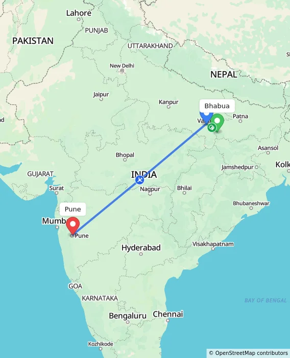 Route map showing distance and travel time from Bhabua, India to Pune, India