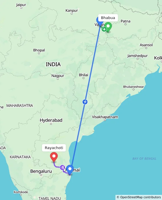 Route map showing distance and travel time from Bhabua, India to Rayachoti, India