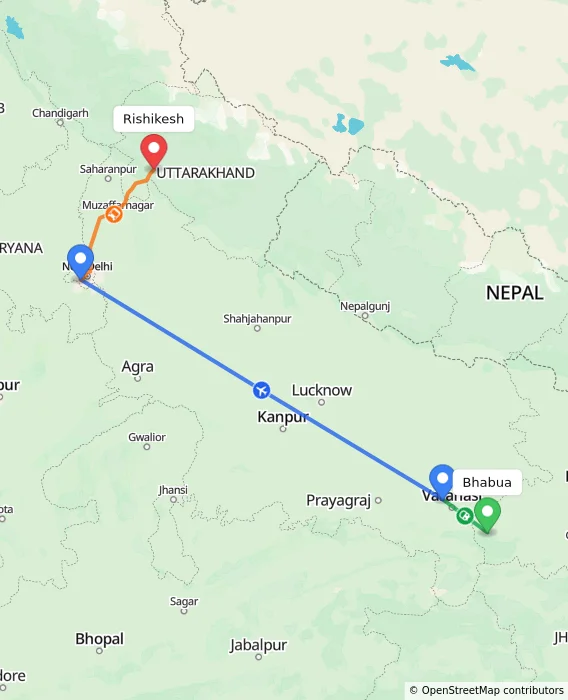 Route map showing distance and travel time from Bhabua, India to Rishikesh, India
