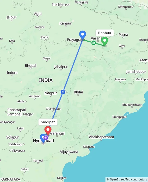 Route map showing distance and travel time from Bhabua, India to Siddipet, India