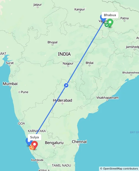 Route map showing distance and travel time from Bhabua, India to Sulya, India