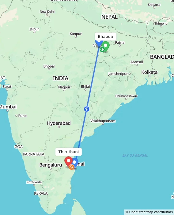 Route map showing distance and travel time from Bhabua, India to Thiruthani, India