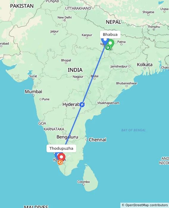 Route map showing distance and travel time from Bhabua, India to Thodupuzha, India
