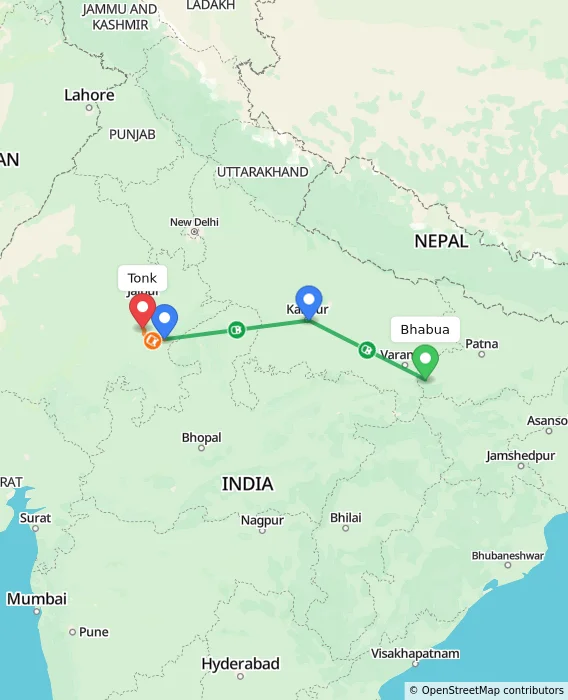 Route map showing distance and travel time from Bhabua, India to Tonk, India