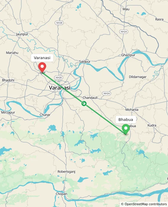 Route map showing distance and travel time from Bhabua, India to Varanasi, India