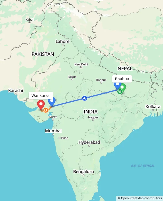 Route map showing distance and travel time from Bhabua, India to Wankaner, India