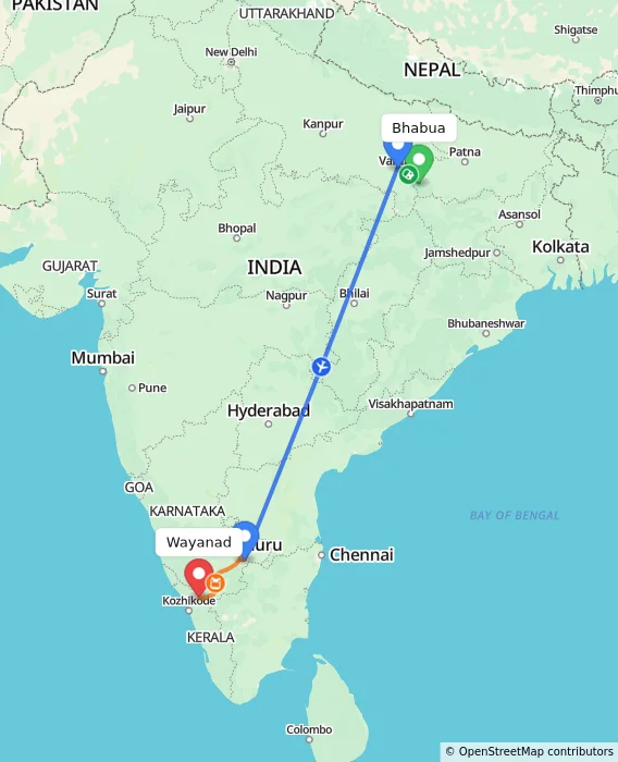 Route map showing distance and travel time from Bhabua, India to Wayanad, India