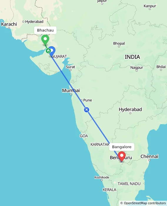 Route map showing distance and travel time from Bhachau, India to Bangalore, India