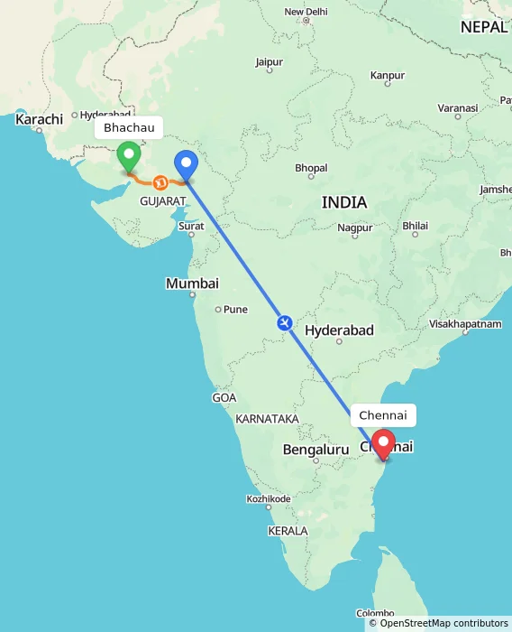 Route map showing distance and travel time from Bhachau, India to Chennai, India