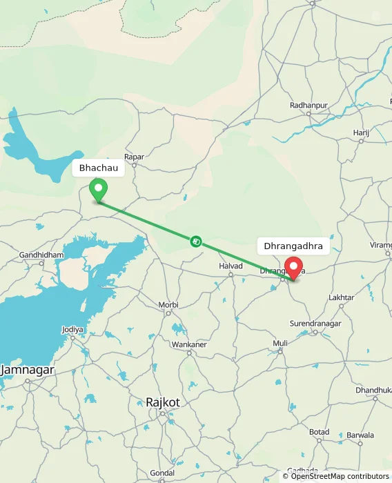 Route map showing distance and travel time from Bhachau, India to Dhrangadhra, India