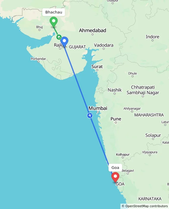 Route map showing distance and travel time from Bhachau, India to Goa, India