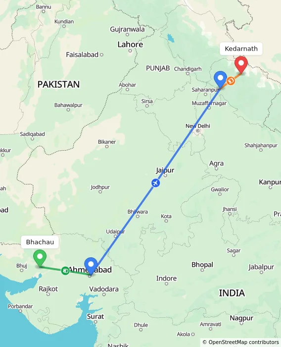 Route map showing distance and travel time from Bhachau, India to Kedarnath, India