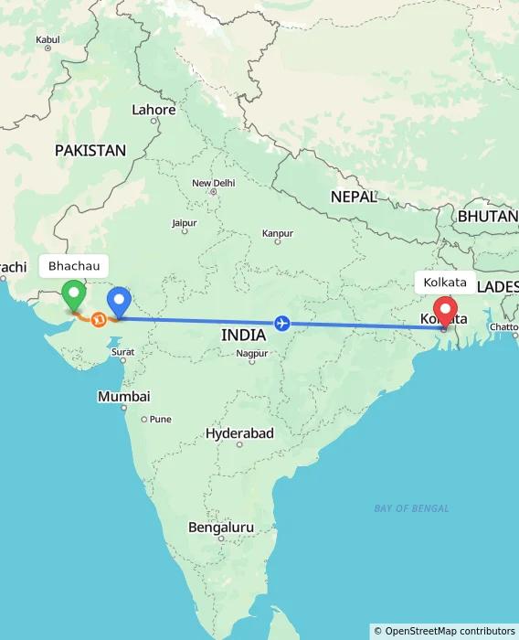 Route map showing distance and travel time from Bhachau, India to Kolkata, India