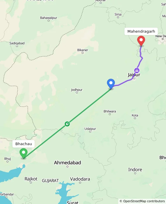 Route map showing distance and travel time from Bhachau, India to Mahendragarh, India