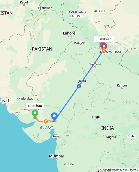 Route map showing distance and travel time from Bhachau, India to Rishikesh, India