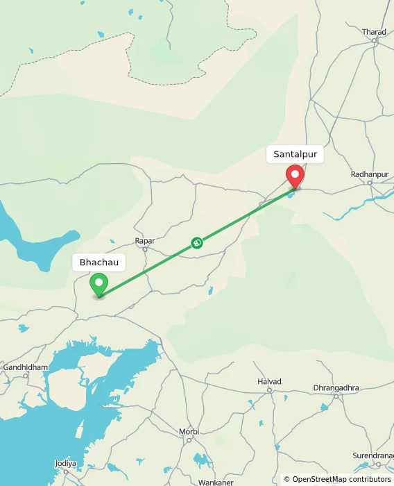 Route map showing distance and travel time from Bhachau, India to Santalpur, India