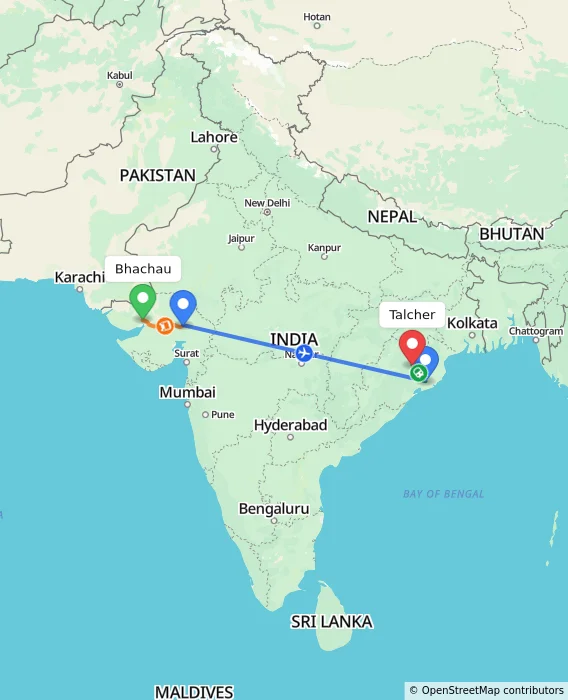Route map showing distance and travel time from Bhachau, India to Talcher, India