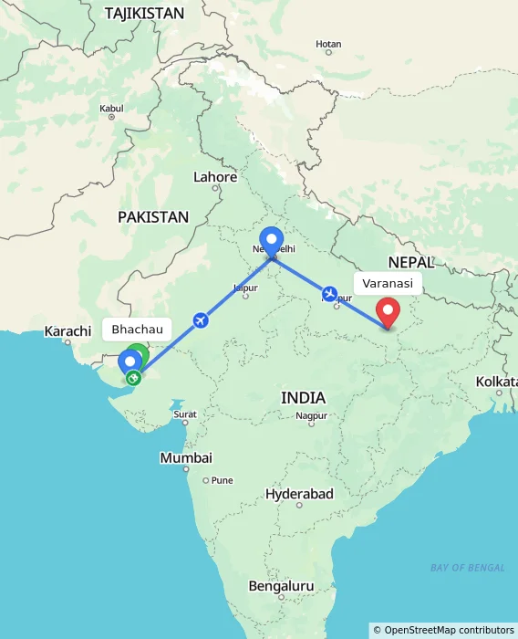 Route map showing distance and travel time from Bhachau, India to Varanasi, India