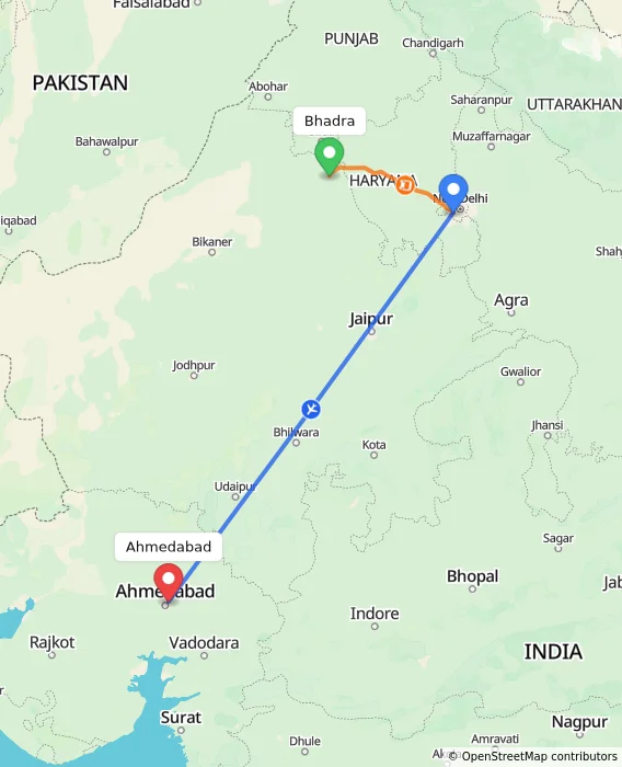 Route map showing distance and travel time from Bhadra, India to Ahmedabad, India