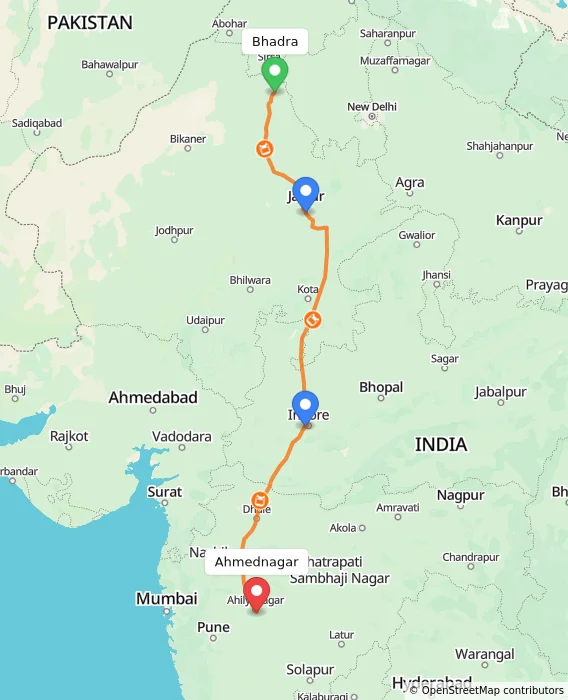 Route map showing distance and travel time from Bhadra, India to Ahmednagar, India