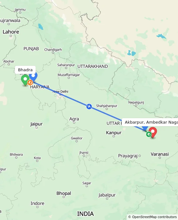 Route map showing distance and travel time from Bhadra, India to Akbarpur, Ambedkar Nagar, India