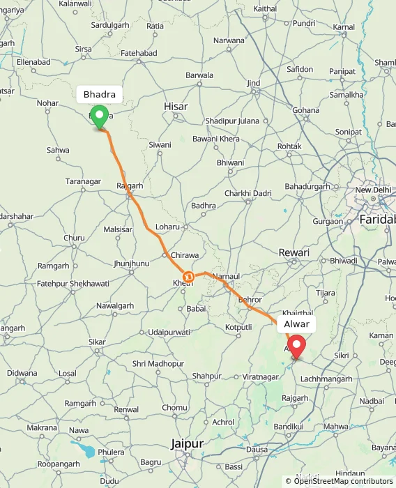 Route map showing distance and travel time from Bhadra, India to Alwar, India