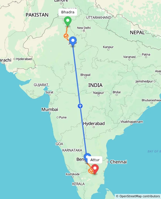 Route map showing distance and travel time from Bhadra, India to Attur, India