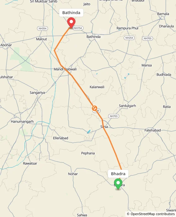 Route map showing distance and travel time from Bhadra, India to Bathinda, India