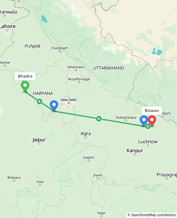 Route map showing distance and travel time from Bhadra, India to Biswan, India