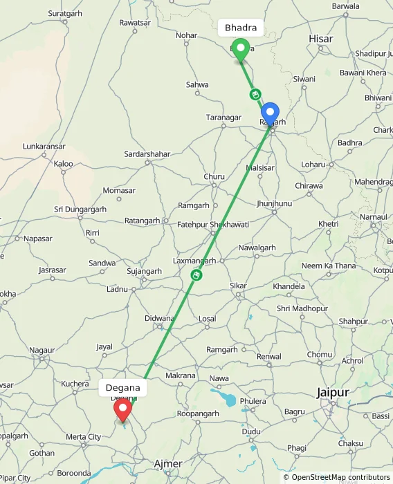 Route map showing distance and travel time from Bhadra, India to Degana, India