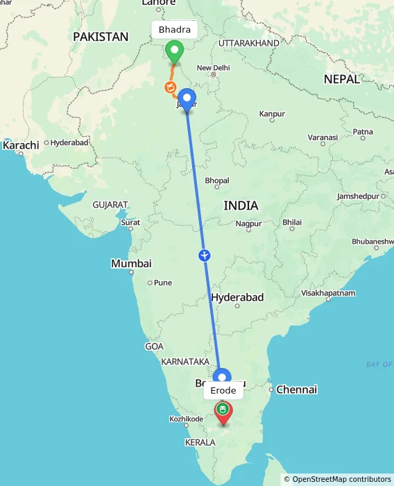 Route map showing distance and travel time from Bhadra, India to Erode, India