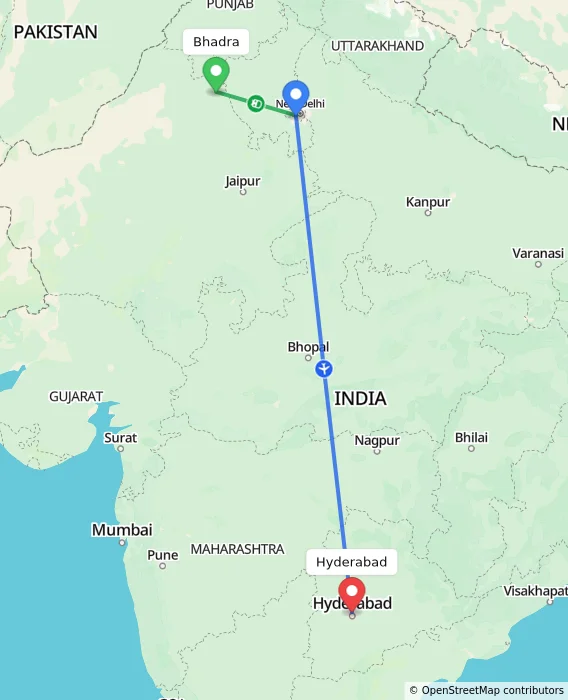 Route map showing distance and travel time from Bhadra, India to Hyderabad, India