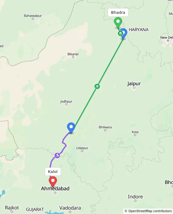 Route map showing distance and travel time from Bhadra, India to Kalol, India
