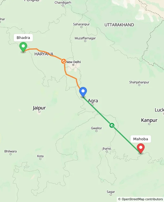 Route map showing distance and travel time from Bhadra, India to Mahoba, India