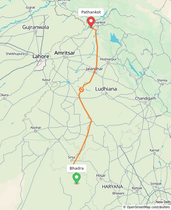 Route map showing distance and travel time from Bhadra, India to Pathankot, India
