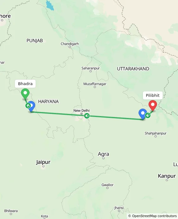Route map showing distance and travel time from Bhadra, India to Pilibhit, India