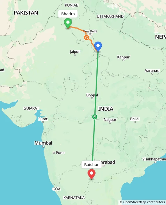 Route map showing distance and travel time from Bhadra, India to Raichur, India
