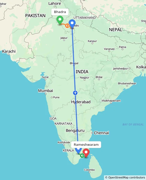 Route map showing distance and travel time from Bhadra, India to Rameshwaram, India