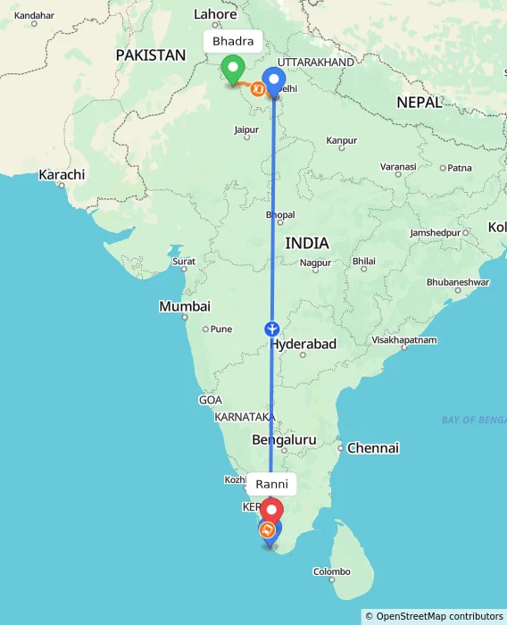 Route map showing distance and travel time from Bhadra, India to Ranni, India