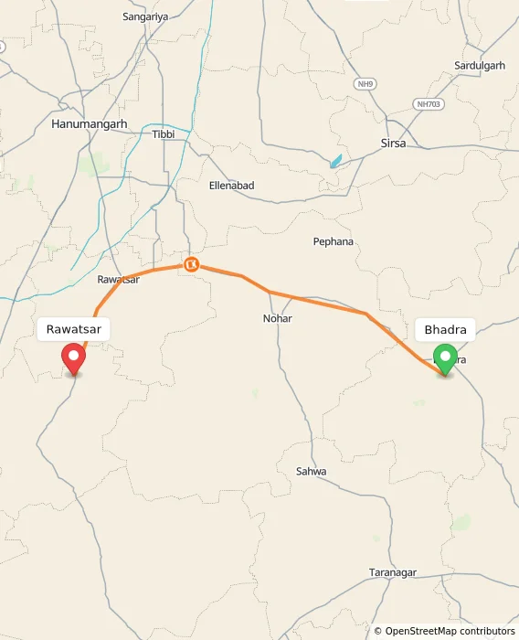 Route map showing distance and travel time from Bhadra, India to Rawatsar, India
