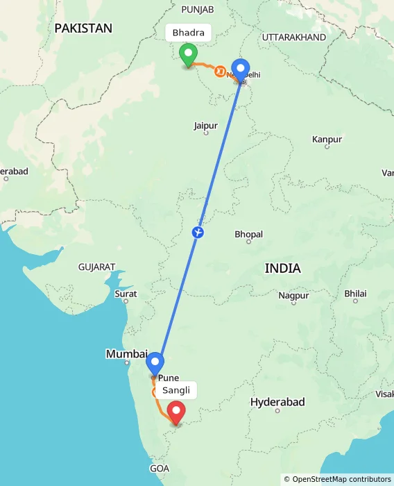 Route map showing distance and travel time from Bhadra, India to Sangli, India