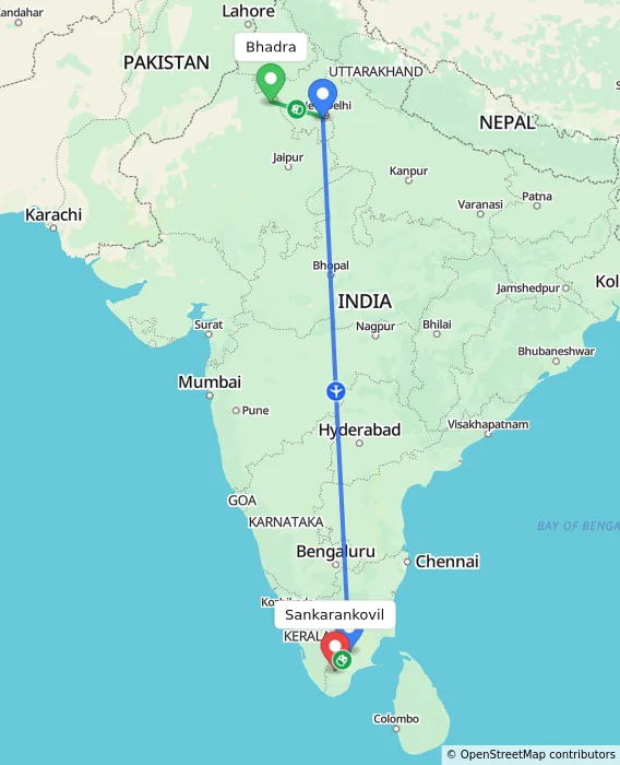 Route map showing distance and travel time from Bhadra, India to Sankarankovil, India
