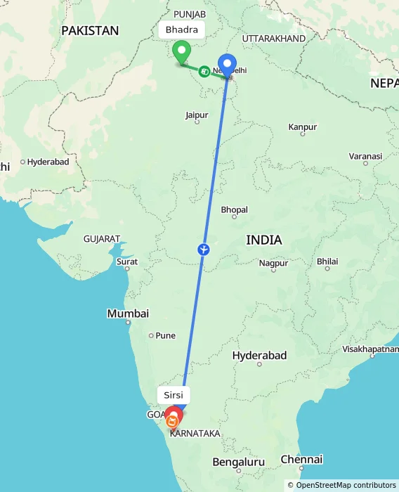 Route map showing distance and travel time from Bhadra, India to Sirsi, India